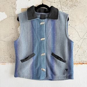 Vtg Fleece Vest Wolly Bully Wear Blue Ombre Western Concho Button Cabin 90s L